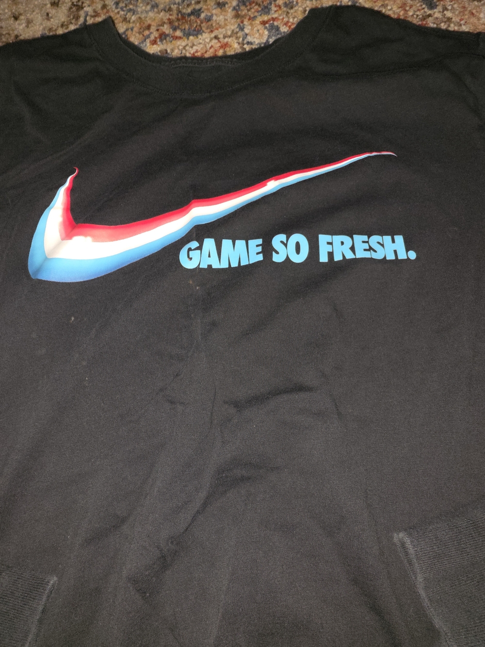 4/$67 Deal! Nike Black Tee with Red, White, and Blue Swoosh - Game So Fresh